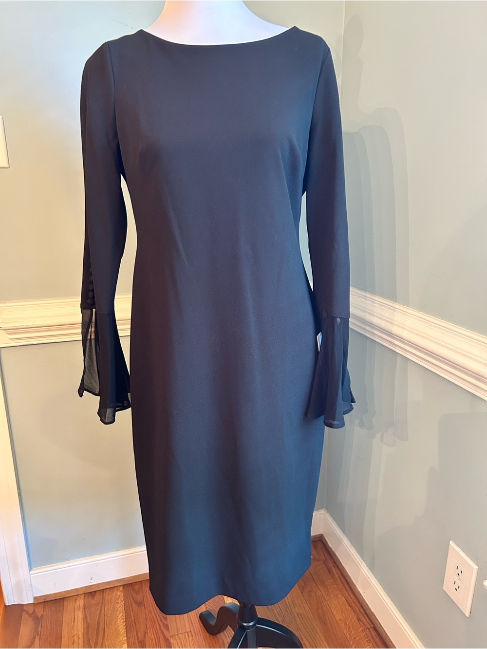 Calvin Klein Black Long-Sleeve Midi Dress with Fluted Sheer Cuffs size 12